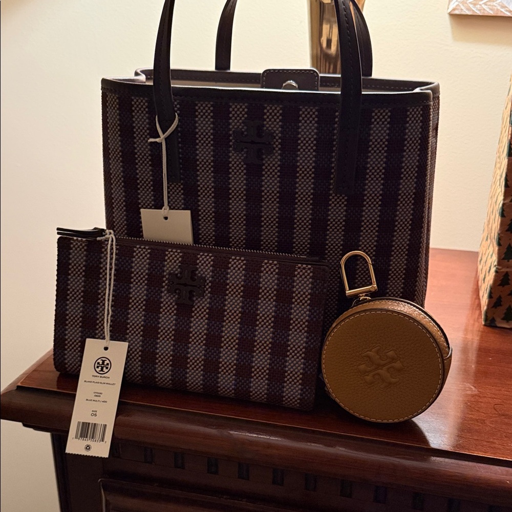 Tory Burch Brown and Black Striped Tote Set